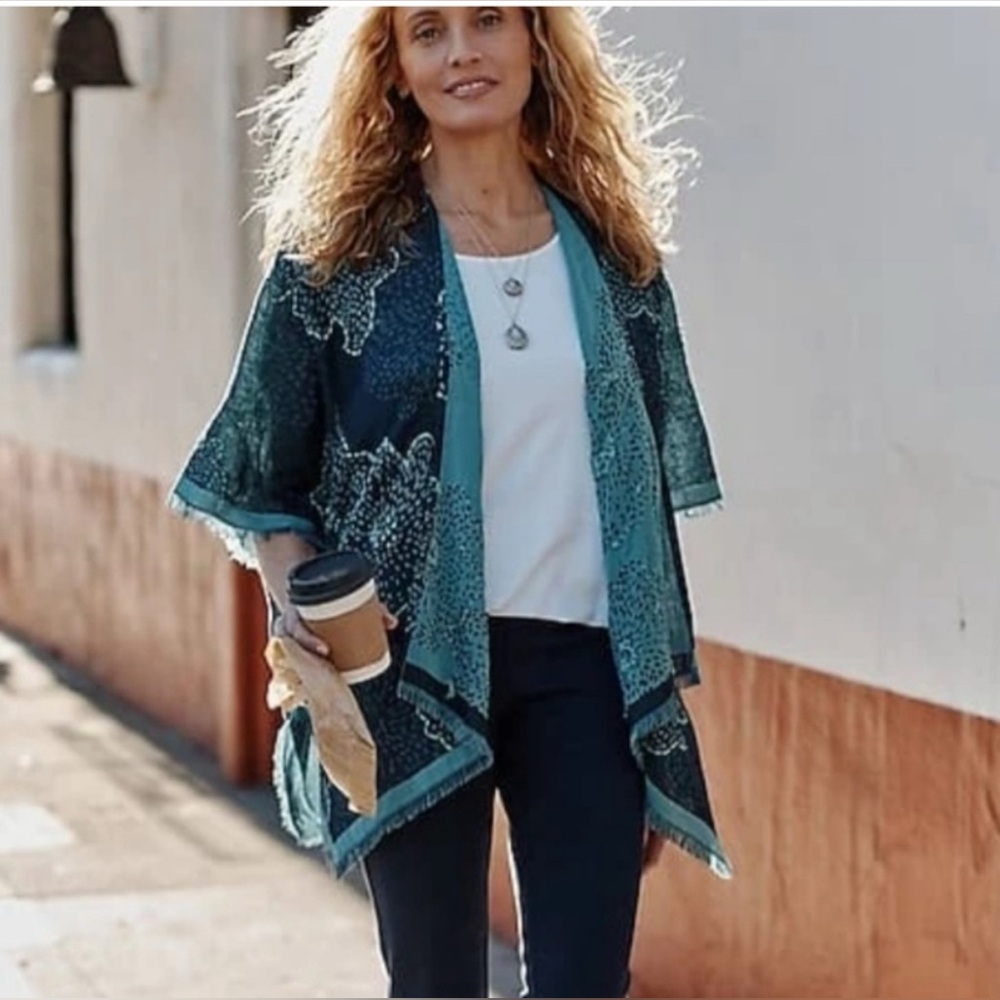 Jjill Women’s Kimono Poncho in Teal Floral Print| Size: S-L